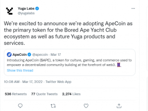 Yuga Labs ApeCoin tweet